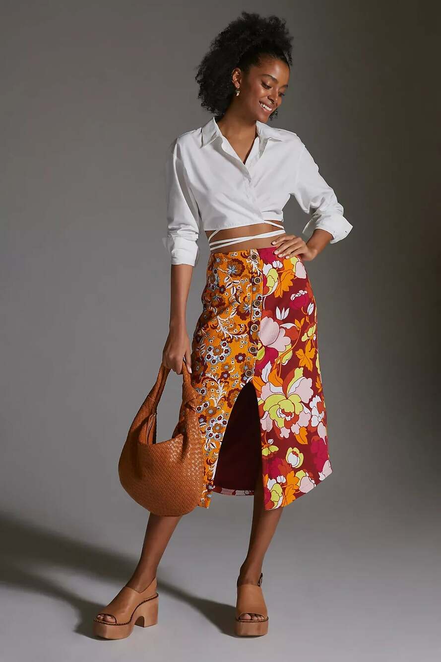 Maeve by Anthropologie Floral Button-Front Midi Skirt Size Large